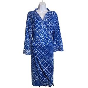 Newport News Wonens Blue White Geometric Print‎ Wrap Maxi Dress XXL Loungewear